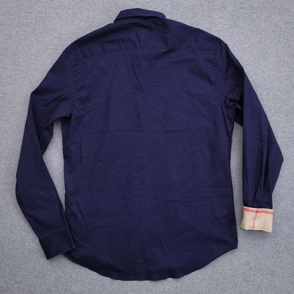 Burberry Button Up Shirt Mens Large Navy Blue Nova Check Flip Cuff Slim Fit - Picture 7 of 11